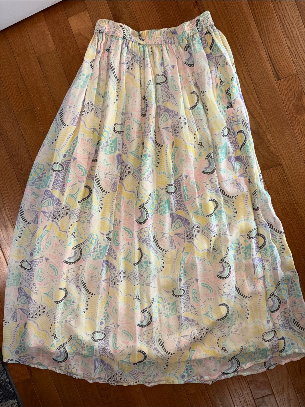 Go Silk Vintage Size 2 100% Silk Pastel Abstract Print Midi Skirt Elastic Waist - Picture 4 of 6